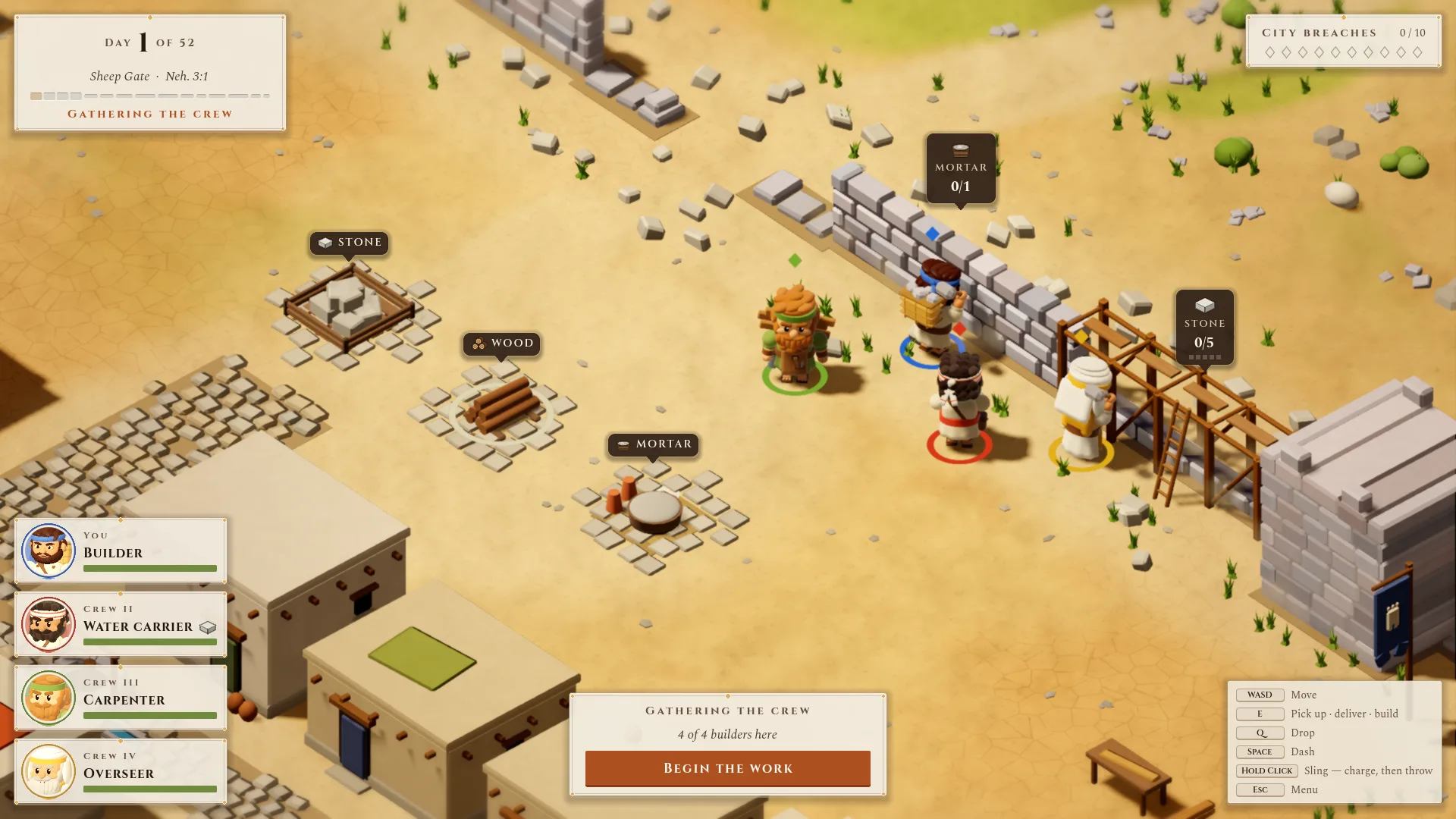 A four-player crew gathers at the wall. Each builder has a portrait and health bar on screen, and a Begin the work button waits for the host.